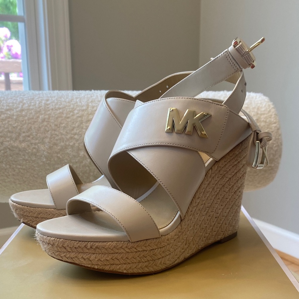 Michael Kors Neutral Leather Espadrille Wedge Sandals with Gold MK Accent